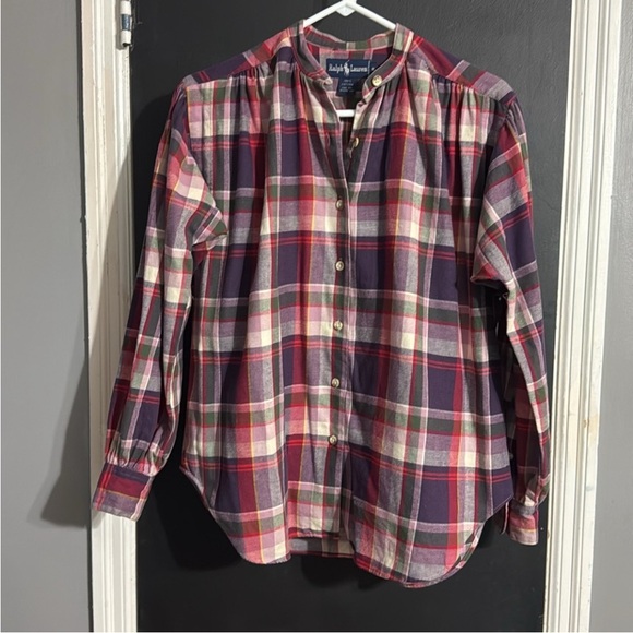 Ralph Lauren Plaid Flannel Band Collar Blouse Gusset Sleeve Size: M - Picture 1 of 9